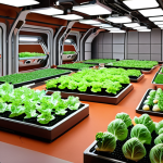 A futuristic hydroponics farm on Mars, illuminated by LED grow lights, showcasing diverse vegetables (lettuce, tomatoes, potatoes) and algae cultivation. Robots tending to the crops, with a backdrop of a Martian habitat constructed using 3D-printed structures from regolith.