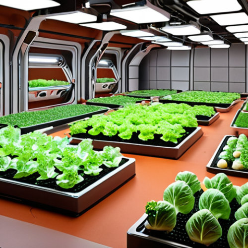 Home 11 A futuristic hydroponics farm on Mars, illuminated by LED grow lights, showcasing diverse vegetables (lettuce, tomatoes, potatoes) and algae cultivation. Robots tending to the crops, with a backdrop of a Martian habitat constructed using 3D-printed structures from regolith.