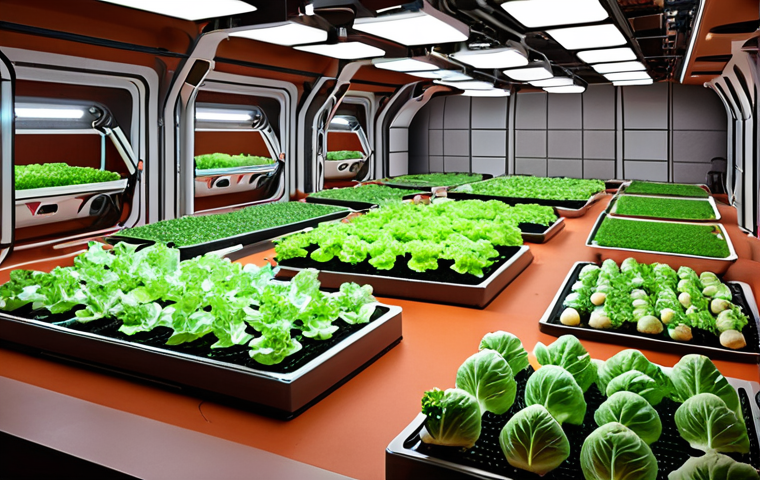 A futuristic hydroponics farm on Mars, illuminated by LED grow lights, showcasing diverse vegetables (lettuce, tomatoes, potatoes) and algae cultivation. Robots tending to the crops, with a backdrop of a Martian habitat constructed using 3D-printed structures from regolith.