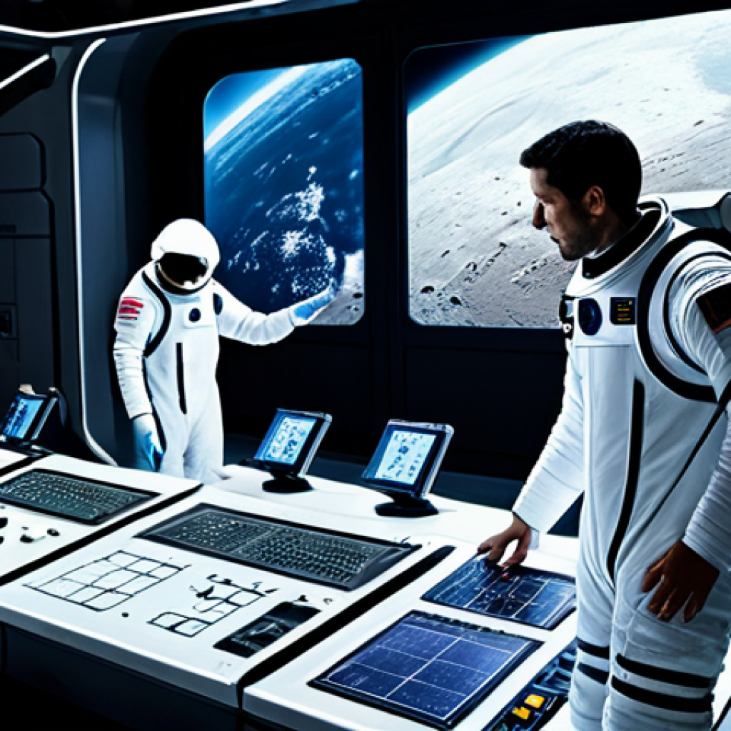 A diverse team of professional space explorers, consisting of male and female scientists and engineers, in modest, advanced spacesuits, actively collaborating within a futuristic lunar base interior. The setting includes high-tech control panels, scientific instruments, and large panoramic windows revealing the lunar surface and a distant, glowing Earth. The atmosphere is one of focused research and pioneering exploration. Fully clothed, appropriate attire, safe for work, professional, perfect anatomy, correct proportions, natural pose, well-formed hands, proper finger count, natural body proportions, professional photography, high quality, cinematic lighting.