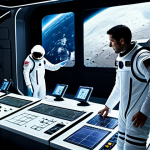 A diverse team of professional space explorers, consisting of male and female scientists and engineers, in modest, advanced spacesuits, actively collaborating within a futuristic lunar base interior. The setting includes high-tech control panels, scientific instruments, and large panoramic windows revealing the lunar surface and a distant, glowing Earth. The atmosphere is one of focused research and pioneering exploration. Fully clothed, appropriate attire, safe for work, professional, perfect anatomy, correct proportions, natural pose, well-formed hands, proper finger count, natural body proportions, professional photography, high quality, cinematic lighting.