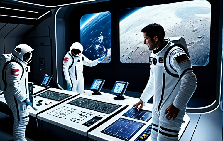 A diverse team of professional space explorers, consisting of male and female scientists and engineers, in modest, advanced spacesuits, actively collaborating within a futuristic lunar base interior. The setting includes high-tech control panels, scientific instruments, and large panoramic windows revealing the lunar surface and a distant, glowing Earth. The atmosphere is one of focused research and pioneering exploration. Fully clothed, appropriate attire, safe for work, professional, perfect anatomy, correct proportions, natural pose, well-formed hands, proper finger count, natural body proportions, professional photography, high quality, cinematic lighting.